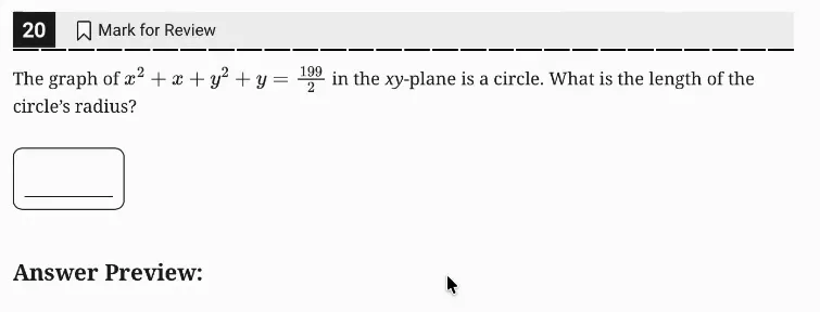 SAT Practice Test 4, Module 2, Question 20 (Circles) as it appears in the walkthrough video