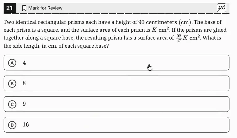 SAT Practice Test 4, Module 2, Question 21 (Area and volume) as it appears in the walkthrough video