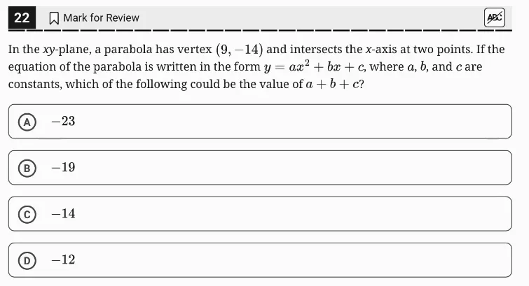 SAT Practice Test 4, Module 2, Question 22 (Nonlinear functions) as it appears in the walkthrough video
