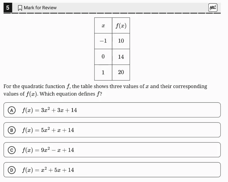 SAT Practice Test 4, Module 2, Question 5 (Nonlinear functions) as it appears in the walkthrough video