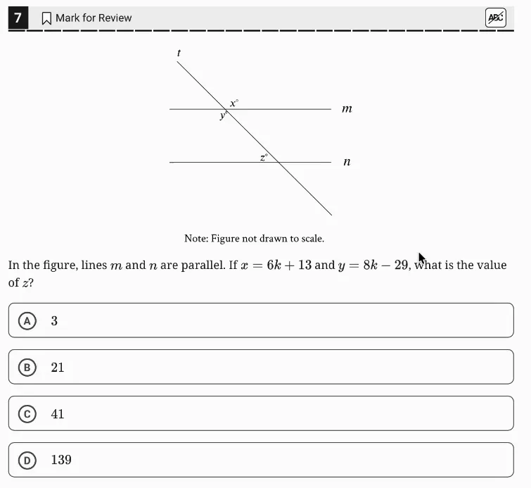 SAT Practice Test 4, Module 2, Question 7 (Lines, angles, and triangles) as it appears in the walkthrough video