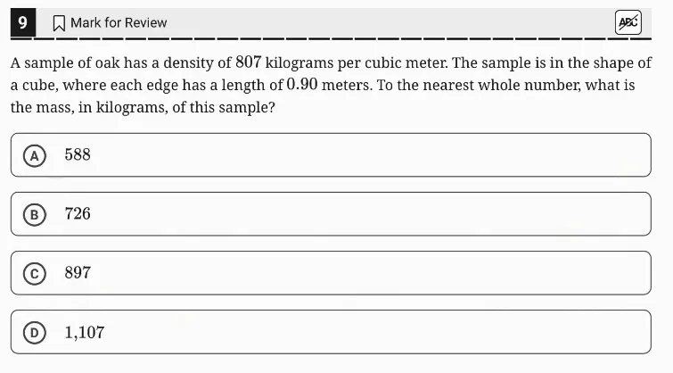 SAT Practice Test 4, Module 2, Question 9 (Ratios, rates, proportional relationships, and units) as it appears in the walkthrough video