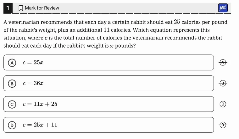 SAT Practice Test 5, Module 1, Question 1 (Linear functions) as it appears in the walkthrough video