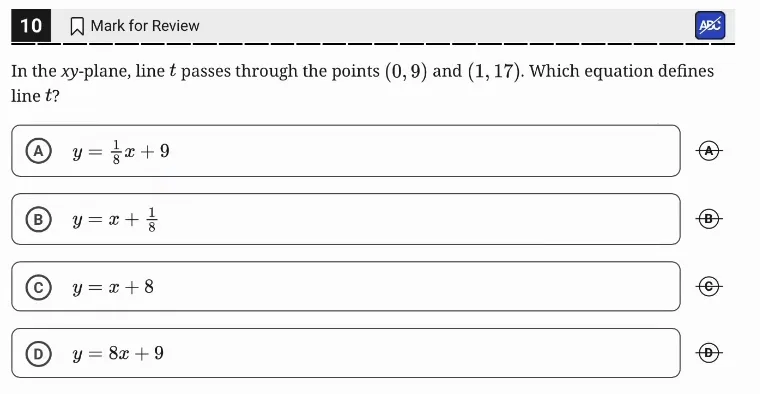 SAT Practice Test 5, Module 1, Question 10 (Linear functions) as it appears in the walkthrough video