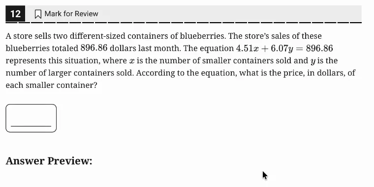 SAT Practice Test 5, Module 1, Question 12 (Linear equations in two variables) as it appears in the walkthrough video