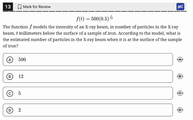 SAT Practice Test 5, Module 1, Question 13 (Nonlinear functions) as it appears in the walkthrough video
