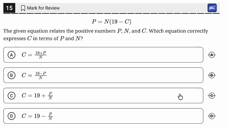 SAT Practice Test 5, Module 1, Question 15 (Nonlinear equations in one variable and systems of equations in two variables) as it appears in the walkthrough video