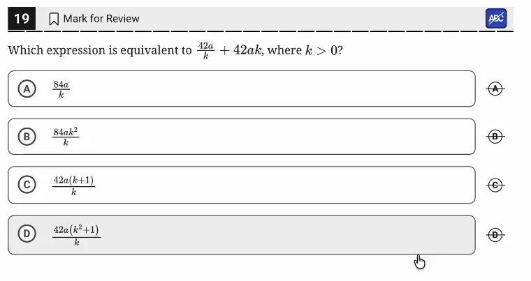 SAT Practice Test 5, Module 1, Question 19 (Equivalent expressions) as it appears in the walkthrough video