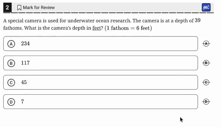 SAT Practice Test 5, Module 1, Question 2 (Ratios, rates, proportional relationships, and units) as it appears in the walkthrough video