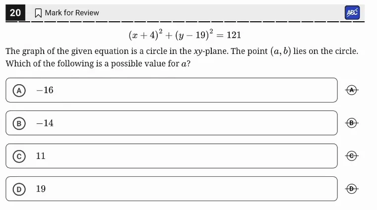 SAT Practice Test 5, Module 1, Question 20 (Circles) as it appears in the walkthrough video