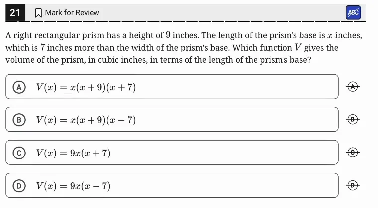 SAT Practice Test 5, Module 1, Question 21 (Nonlinear functions) as it appears in the walkthrough video
