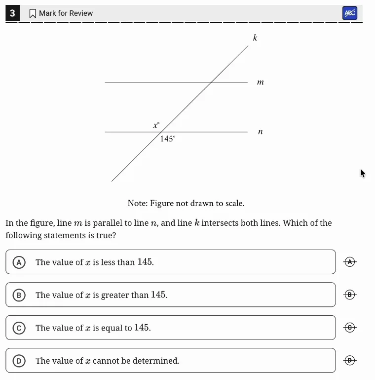 SAT Practice Test 5, Module 1, Question 3 (Lines, angles, and triangles) as it appears in the walkthrough video
