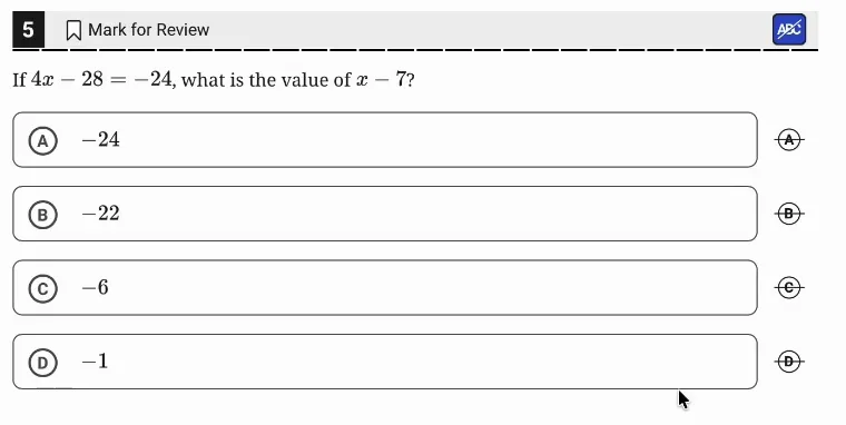 SAT Practice Test 5, Module 1, Question 5 (Linear equations in one variable) as it appears in the walkthrough video