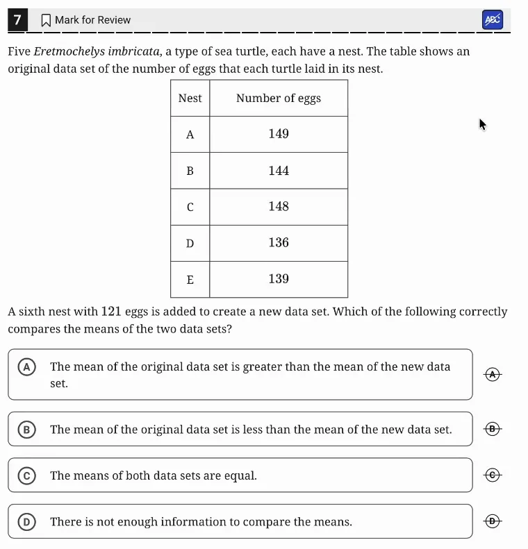 SAT Practice Test 5, Module 1, Question 7 (One-variable data: distributions and measures of center and spread) as it appears in the walkthrough video