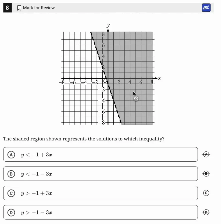 SAT Practice Test 5, Module 1, Question 8 (Linear inequalities in one or two variables) as it appears in the walkthrough video