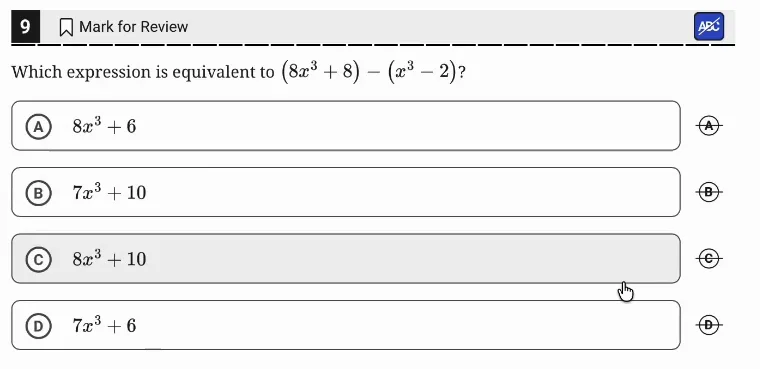 SAT Practice Test 5, Module 1, Question 9 (Equivalent expressions) as it appears in the walkthrough video