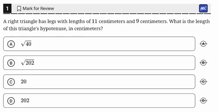 SAT Practice Test 5, Module 2, Question 1 (Right triangles and trigonometry) as it appears in the walkthrough video