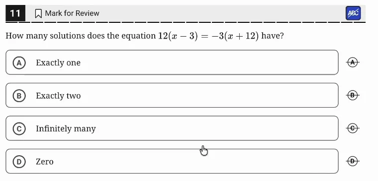 SAT Practice Test 5, Module 2, Question 11 (Linear equations in one variable) as it appears in the walkthrough video