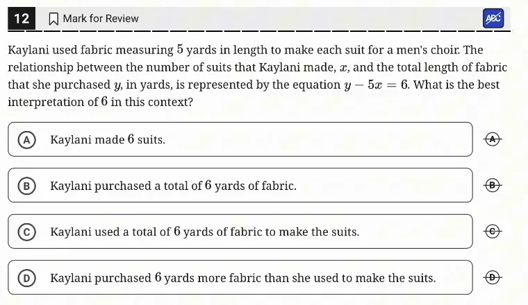 SAT Practice Test 5, Module 2, Question 12 (Linear functions) as it appears in the walkthrough video