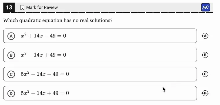 SAT Practice Test 5, Module 2, Question 13 (Nonlinear equations in one variable and systems of equations in two variables) as it appears in the walkthrough video