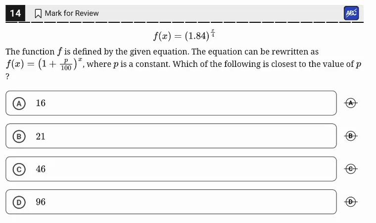 SAT Practice Test 5, Module 2, Question 14 (Nonlinear functions) as it appears in the walkthrough video