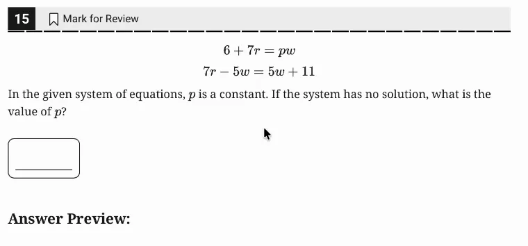 SAT Practice Test 5, Module 2, Question 15 (Systems of two linear equations in two variables) as it appears in the walkthrough video