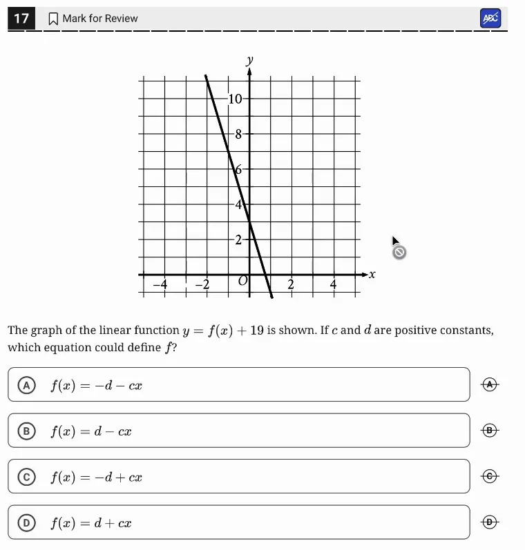 SAT Practice Test 5, Module 2, Question 17 (Linear functions) as it appears in the walkthrough video