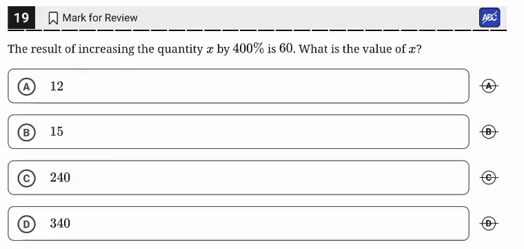 SAT Practice Test 5, Module 2, Question 19 (Percentages) as it appears in the walkthrough video
