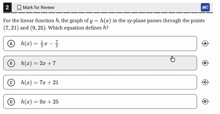 SAT Practice Test 5, Module 2, Question 2 (Linear functions) as it appears in the walkthrough video