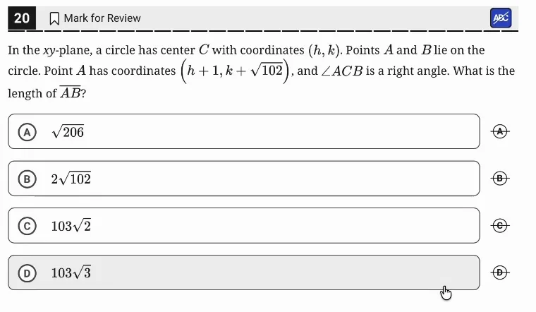 SAT Practice Test 5, Module 2, Question 20 (Circles) as it appears in the walkthrough video