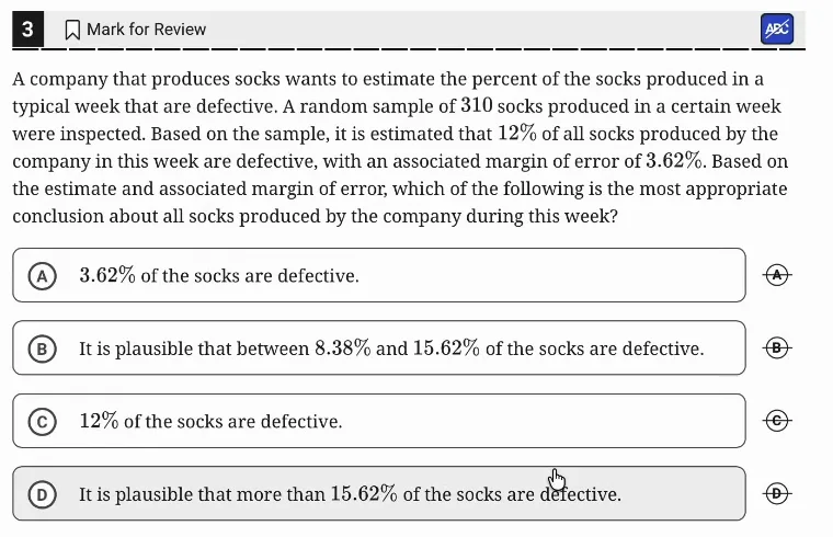 SAT Practice Test 5, Module 2, Question 3 (Inference from sample statistics and margin of error) as it appears in the walkthrough video