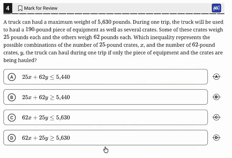 SAT Practice Test 5, Module 2, Question 4 (Linear inequalities in one or two variables) as it appears in the walkthrough video
