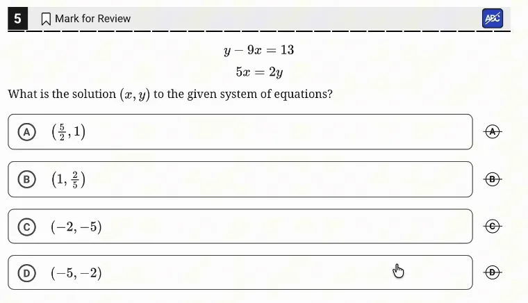 SAT Practice Test 5, Module 2, Question 5 (Systems of two linear equations in two variables) as it appears in the walkthrough video