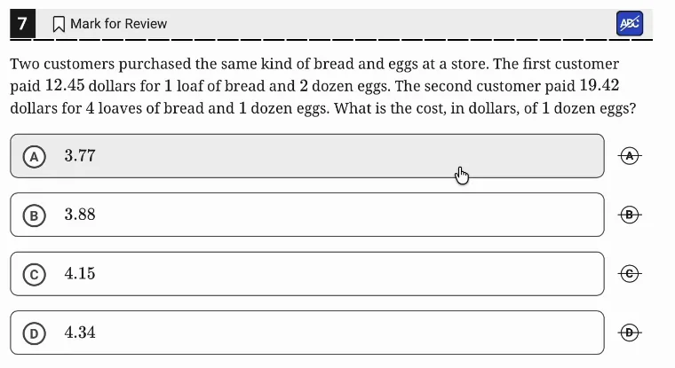 SAT Practice Test 5, Module 2, Question 7 (Systems of two linear equations in two variables) as it appears in the walkthrough video