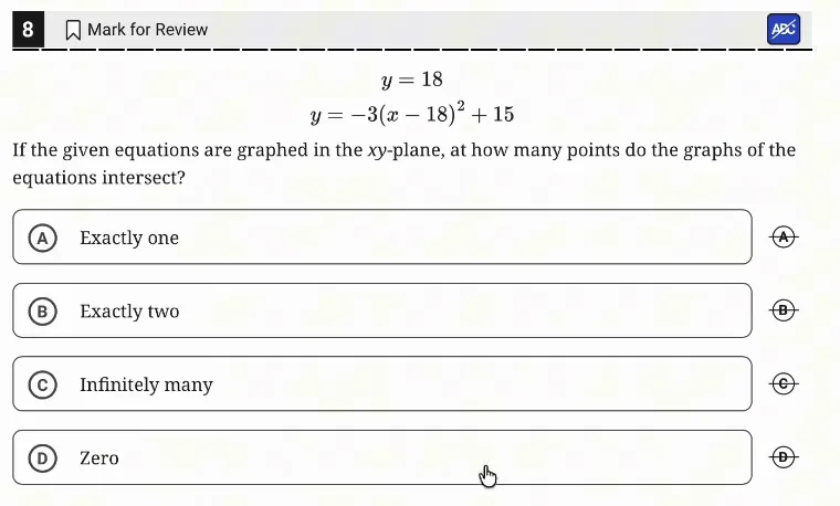 SAT Practice Test 5, Module 2, Question 8 (Nonlinear equations in one variable and systems of equations in two variables) as it appears in the walkthrough video