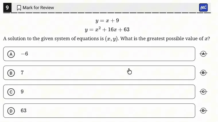 SAT Practice Test 5, Module 2, Question 9 (Nonlinear equations in one variable and systems of equations in two variables) as it appears in the walkthrough video