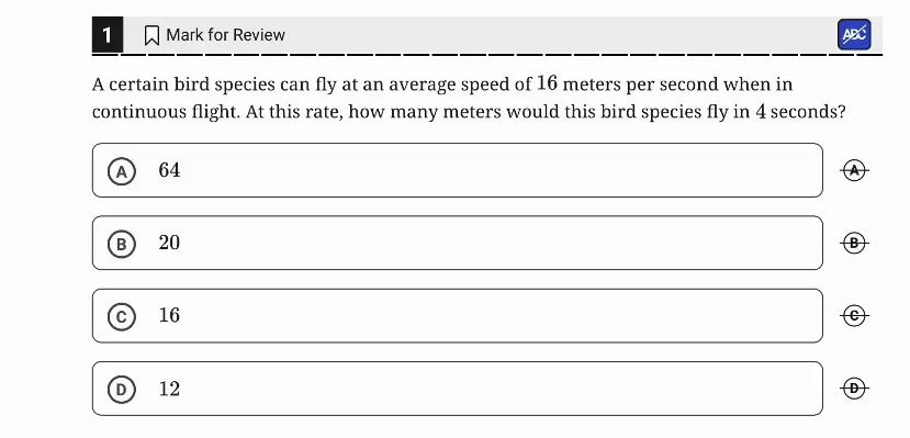 SAT Practice Test 6, Module 1, Question 1 (Ratios, rates, proportional relationships, and units) as it appears in the walkthrough video
