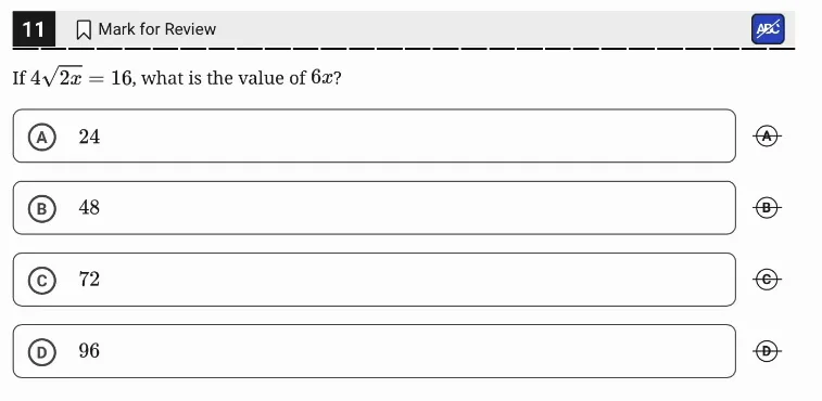 SAT Practice Test 6, Module 1, Question 11 (Nonlinear equations in one variable and systems of equations in two variables) as it appears in the walkthrough video