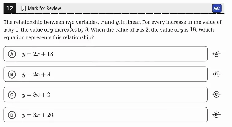 SAT Practice Test 6, Module 1, Question 12 (Linear functions) as it appears in the walkthrough video