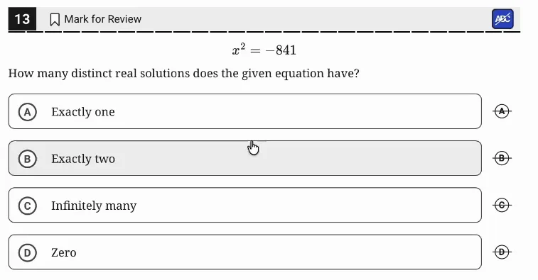 SAT Practice Test 6, Module 1, Question 13 (Nonlinear equations in one variable and systems of equations in two variables) as it appears in the walkthrough video
