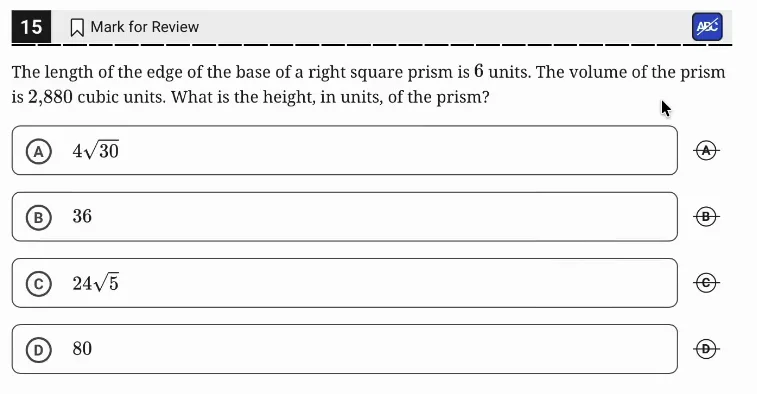 SAT Practice Test 6, Module 1, Question 15 (Area and volume) as it appears in the walkthrough video