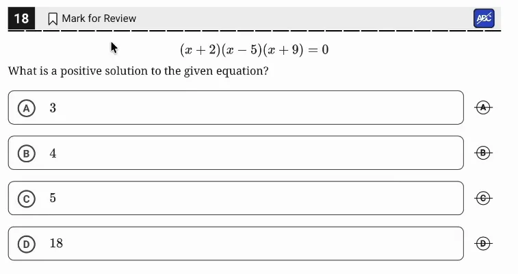 SAT Practice Test 6, Module 1, Question 18 (Nonlinear equations in one variable and systems of equations in two variables) as it appears in the walkthrough video
