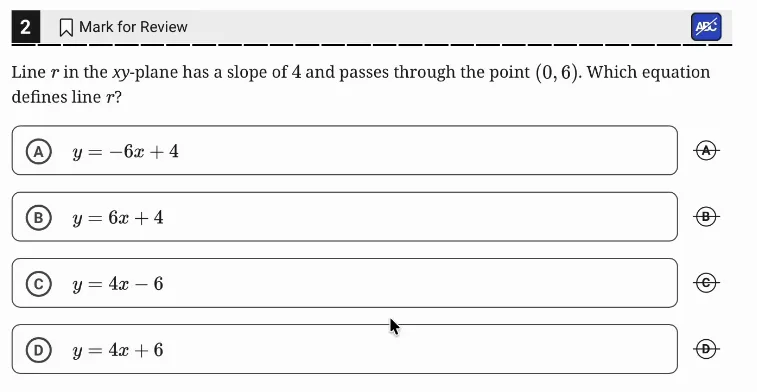 SAT Practice Test 6, Module 1, Question 2 (Linear equations in two variables) as it appears in the walkthrough video