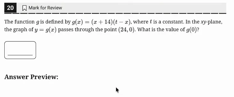 SAT Practice Test 6, Module 1, Question 20 (Nonlinear functions) as it appears in the walkthrough video