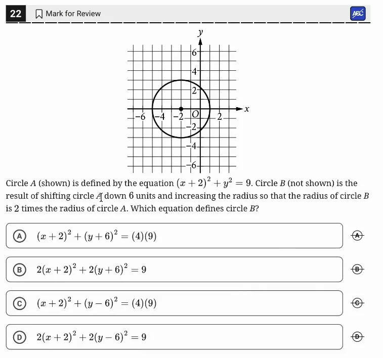 SAT Practice Test 6, Module 1, Question 22 (Circles) as it appears in the walkthrough video