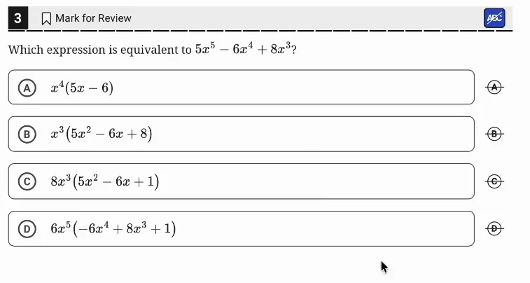 SAT Practice Test 6, Module 1, Question 3 (Equivalent expressions) as it appears in the walkthrough video
