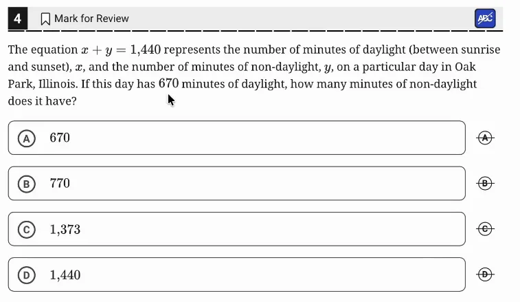 SAT Practice Test 6, Module 1, Question 4 (Linear equations in two variables) as it appears in the walkthrough video