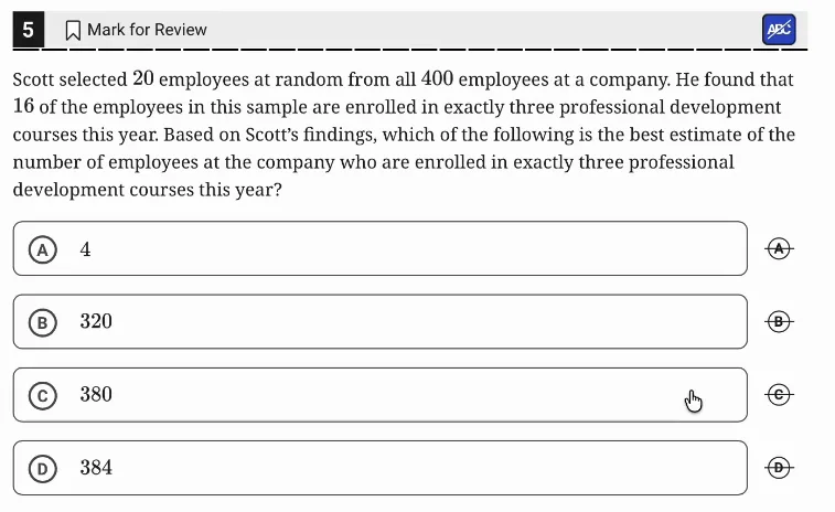 SAT Practice Test 6, Module 1, Question 5 (Inference from sample statistics and margin of error) as it appears in the walkthrough video