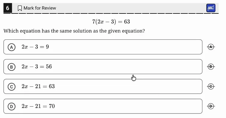 SAT Practice Test 6, Module 1, Question 6 (Linear equations in one variable) as it appears in the walkthrough video