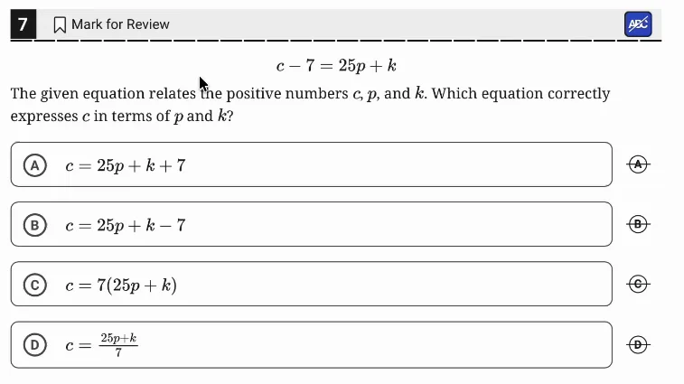 SAT Practice Test 6, Module 1, Question 7 (Nonlinear equations in one variable and systems of equations in two variables) as it appears in the walkthrough video